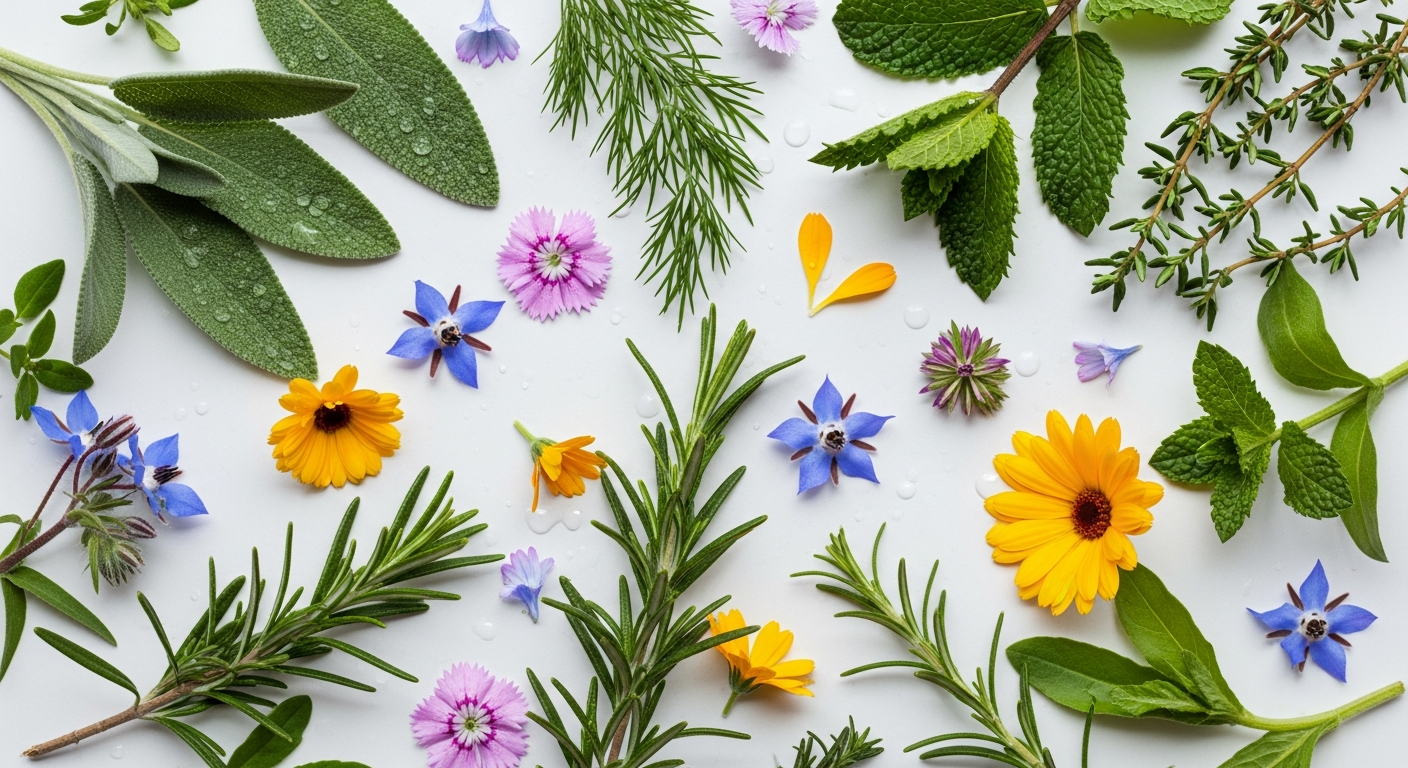 Fresh botanical herbs and flowers